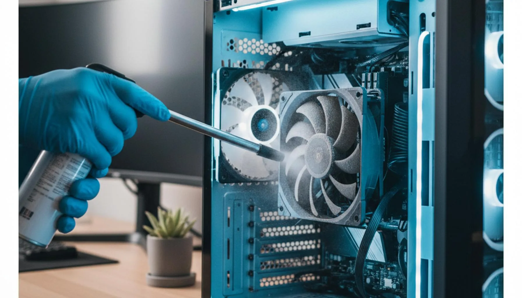 Workbench view of CPU cooler fan and heatsink components ready for paste application