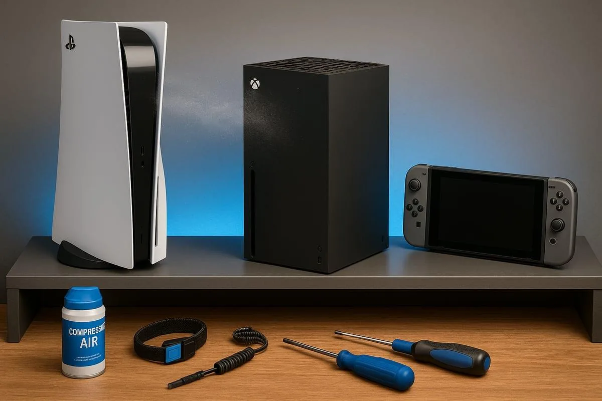 PlayStation 5, Xbox Series X and Nintendo Switch lined up on a shelf above a tray of repair tools and a can of compressed air