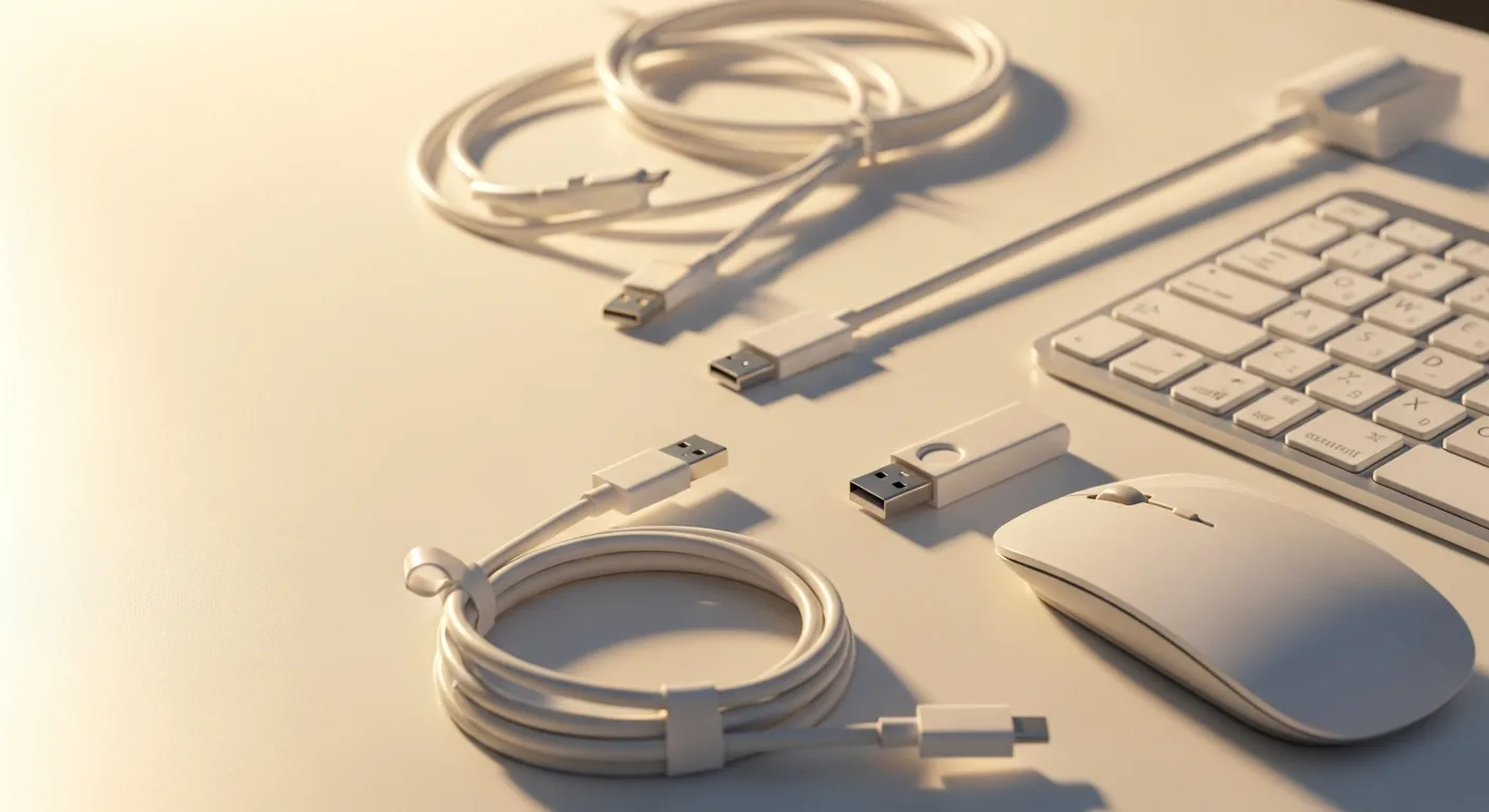 USB cables, flash drive, wireless mouse, and keyboard arranged on a desk