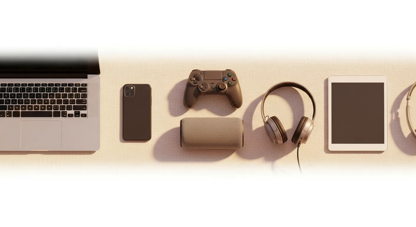A flat-lay of common consumer electronics on a warm cream surface