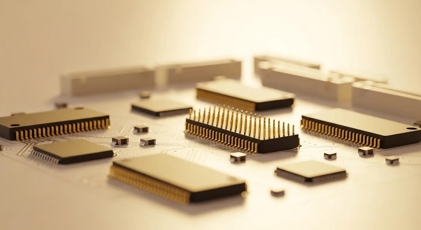 A close-up of a circuit board with golden chip pins under warm light