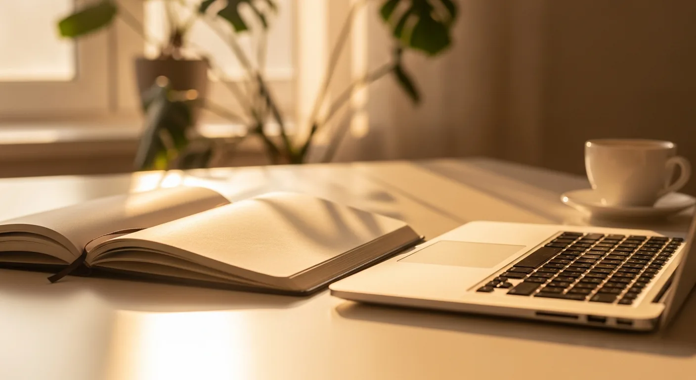 An open notebook and laptop on a cream desk with warm sunlight