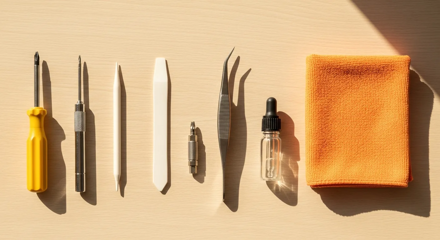 Repair tools laid out on a warm cream wooden workbench