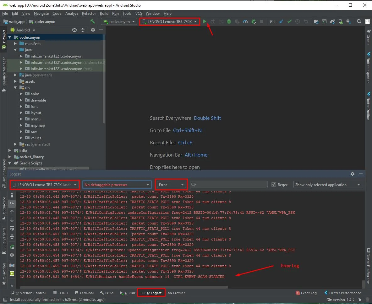 Android Studio IDE on a Windows desktop showing a connected Lenovo tablet in Logcat with red error annotations highlighting Wi-Fi traffic poller errors